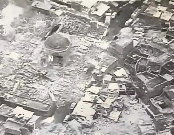Aerial view of the damaged al-Nuri Mosque compound in Mosul.