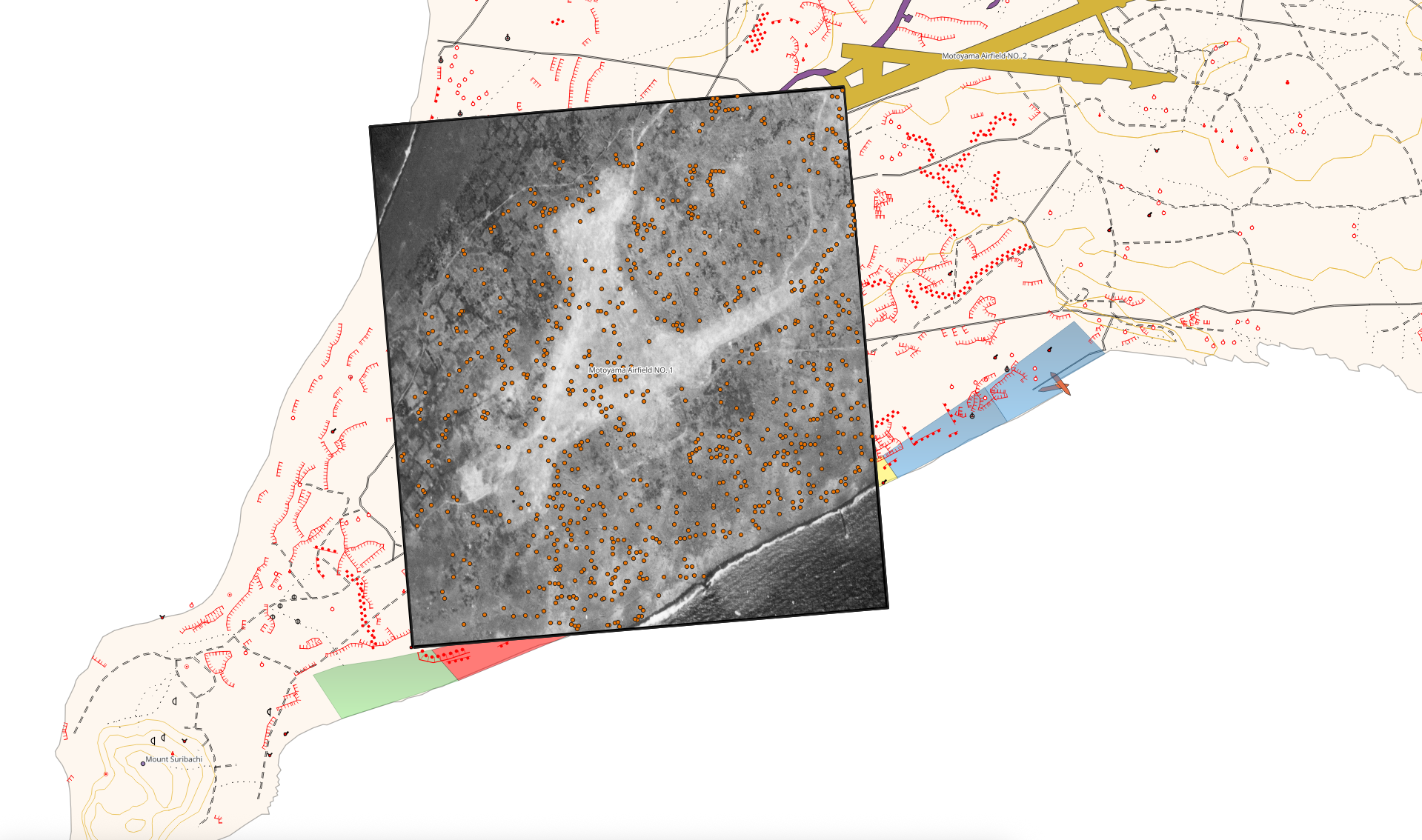 Detail of an Iwo Jima historical map with an aerial photograph overlaid near the southeastern coast.