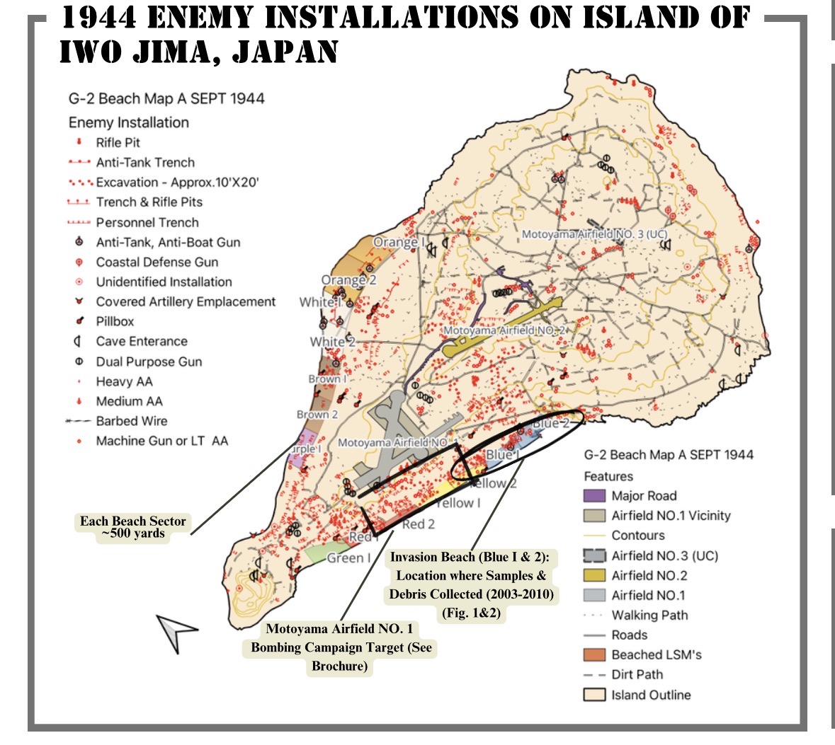 Annotated map of Iwo Jima showing historical military installations, beach sectors, airfields, and a highlighted Invasion Beach area.